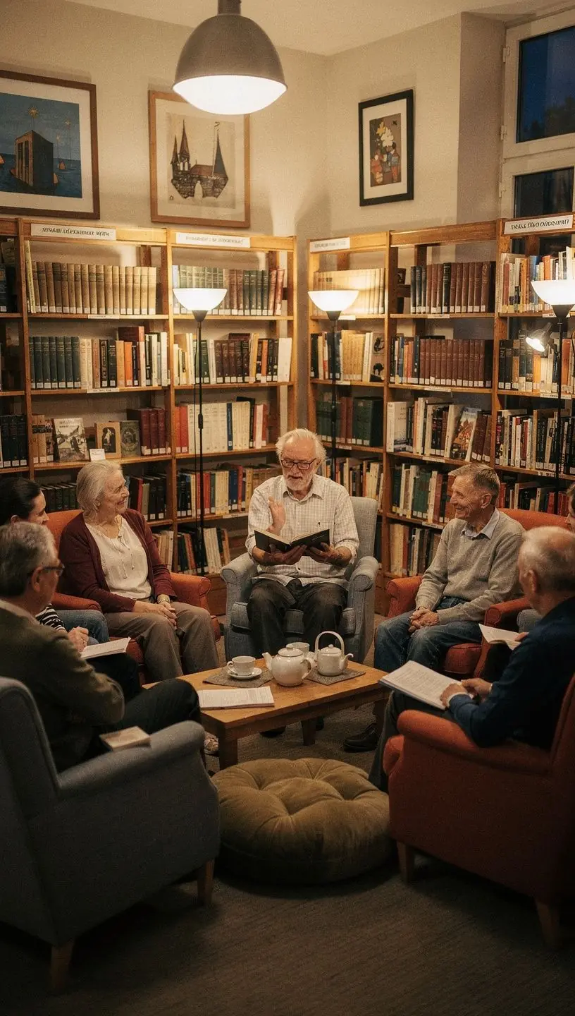 Group of adults discussing books in a cozy setting